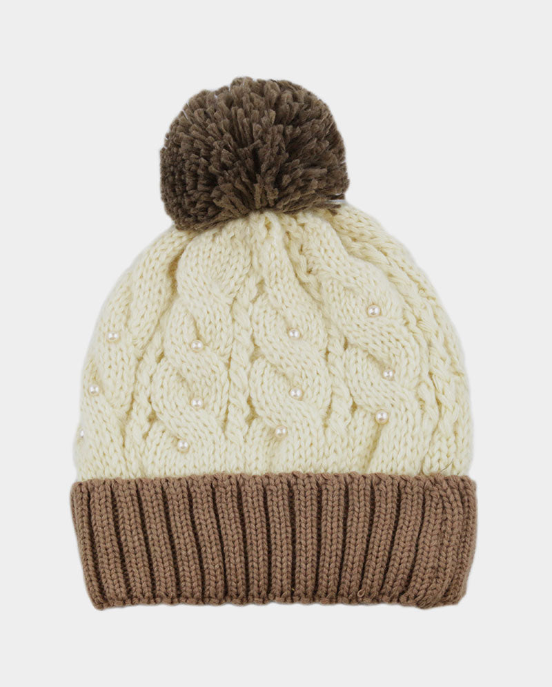 Two-Tone Cable Knit Beanie with Pom Pom & Pearl Beads