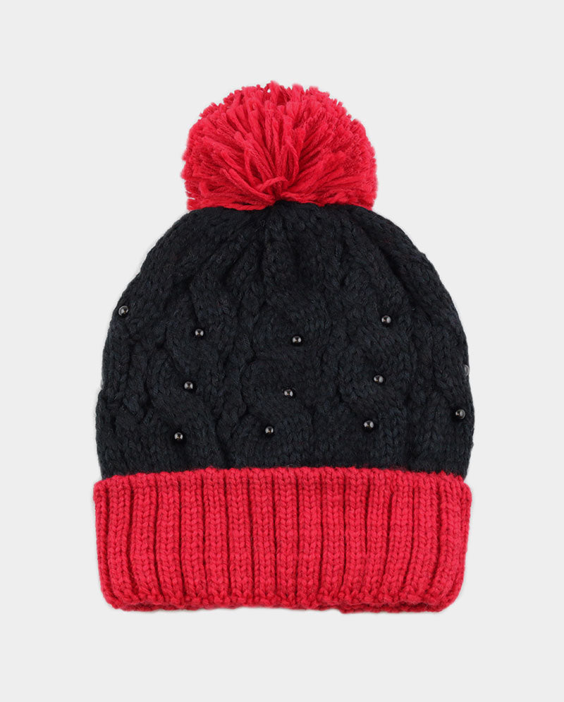 Two-Tone Cable Knit Beanie with Pom Pom & Pearl Beads