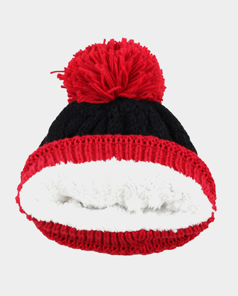 Two-Tone Cable Knit Beanie with Pom Pom & Pearl Beads