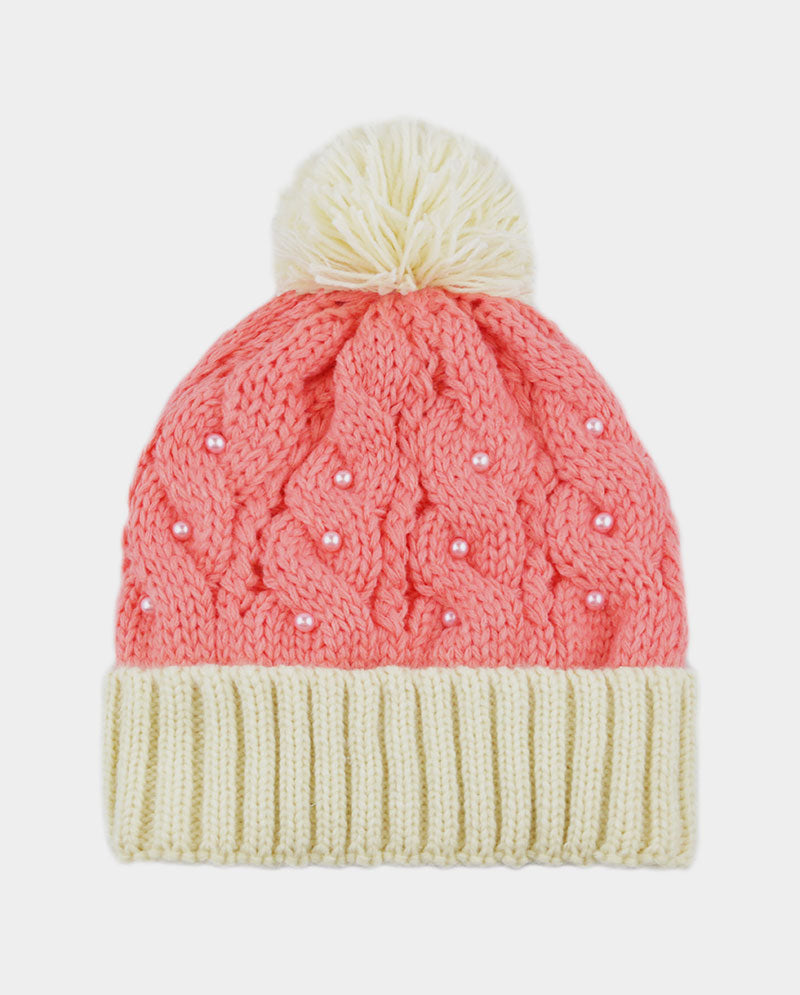 Two-Tone Cable Knit Beanie with Pom Pom & Pearl Beads