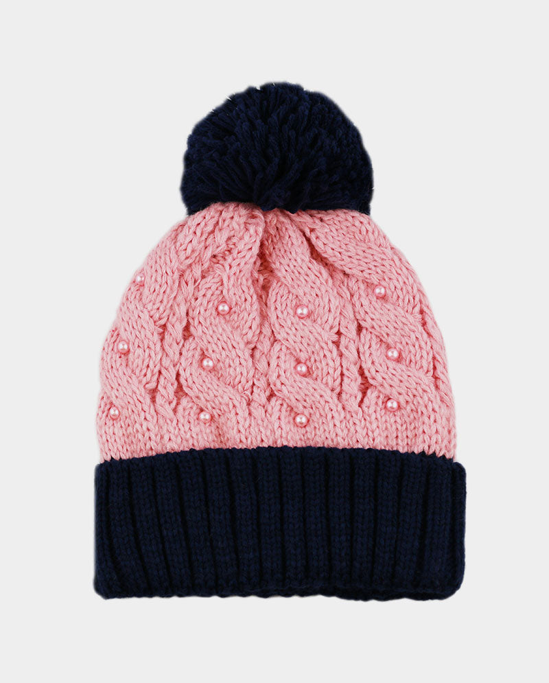 Two-Tone Cable Knit Beanie with Pom Pom & Pearl Beads
