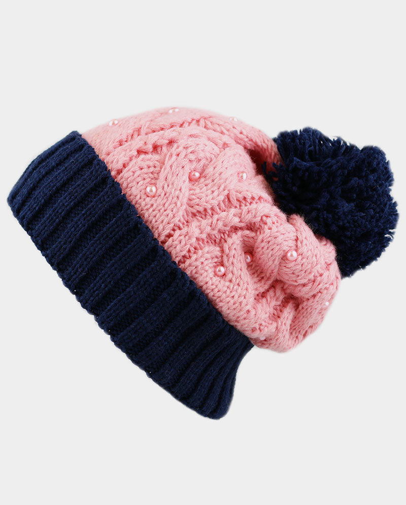 Two-Tone Cable Knit Beanie with Pom Pom & Pearl Beads