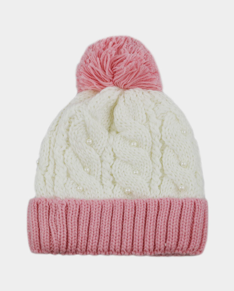 Two-Tone Cable Knit Beanie with Pom Pom & Pearl Beads