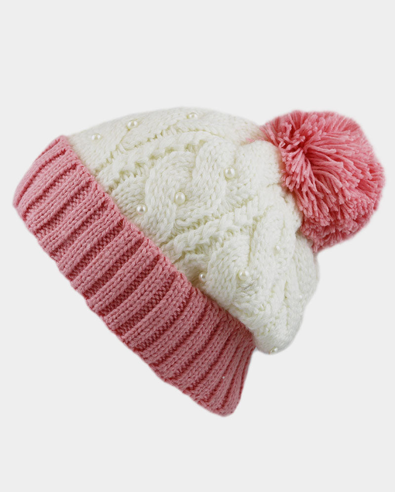 Two-Tone Cable Knit Beanie with Pom Pom & Pearl Beads