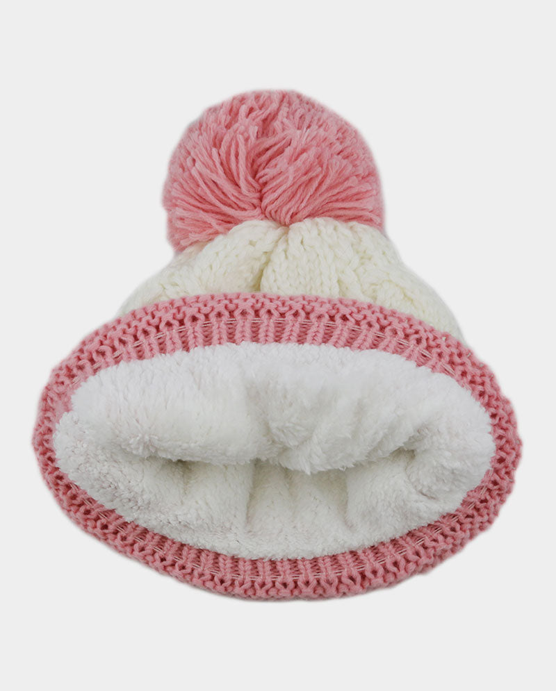 Two-Tone Cable Knit Beanie with Pom Pom & Pearl Beads