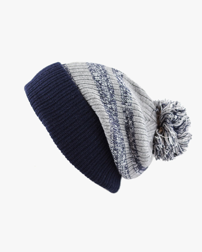 The Hat Depot - Striped Cuffed Pom Pom Knit Beanie display picture 2