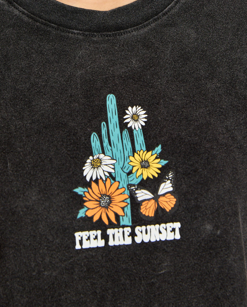 OG - Premium Quality 100% Cotton 'FEEL THE SUNSET CACTUS' Mineral Washed Short Sleeve Cropped Tee Raw Edge