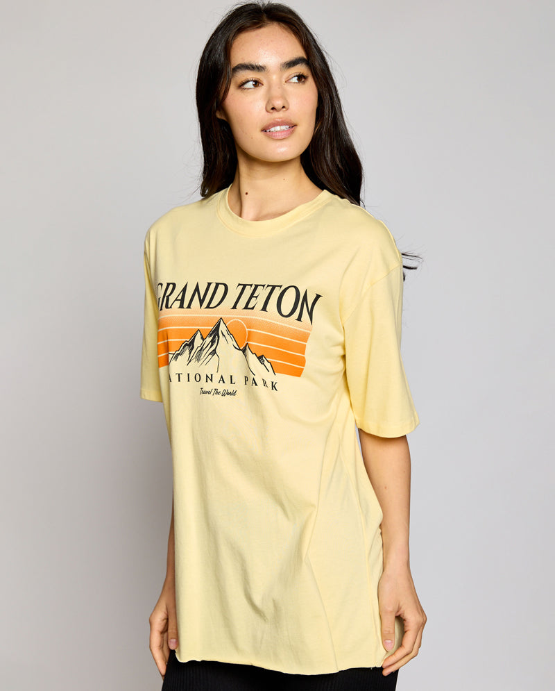 OG - Premium Quality 100% Cotton "GRAND TETON" Graphic Boyfriend Tunic Tee Short Sleeve Crew Raw Edge