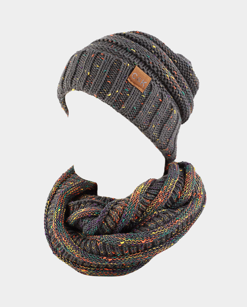 Acrylic Knit Beanie & Scarf Set – 100% Acrylic, Flecked Texture