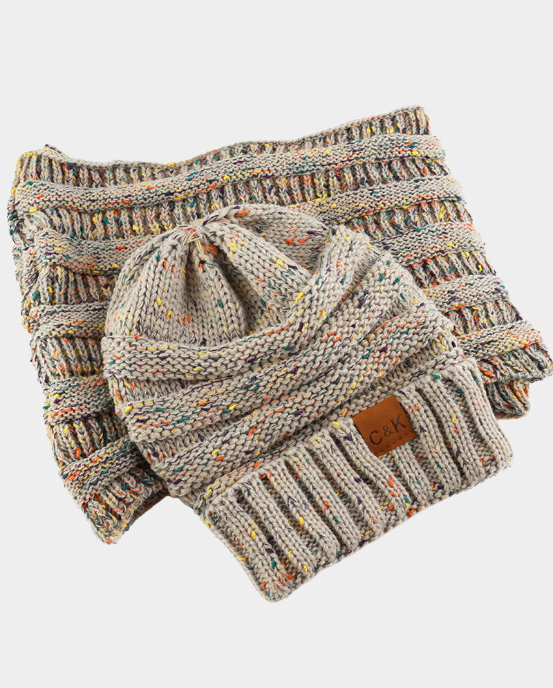 Acrylic Knit Beanie & Scarf Set – 100% Acrylic, Flecked Texture
