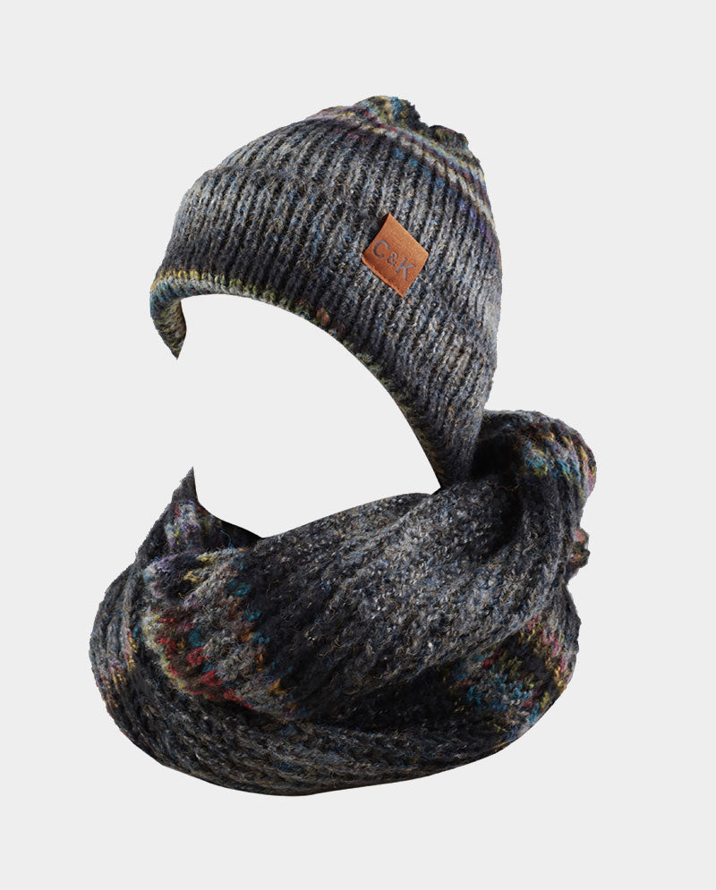 Acrylic Knit Beanie & Scarf Set – 100% Acrylic, Triple-Stripe Knit Design