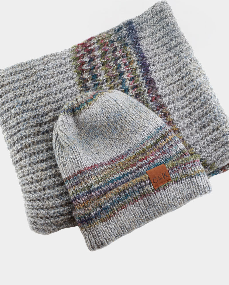 Acrylic Knit Beanie & Scarf Set – 100% Acrylic, Triple-Stripe Knit Design