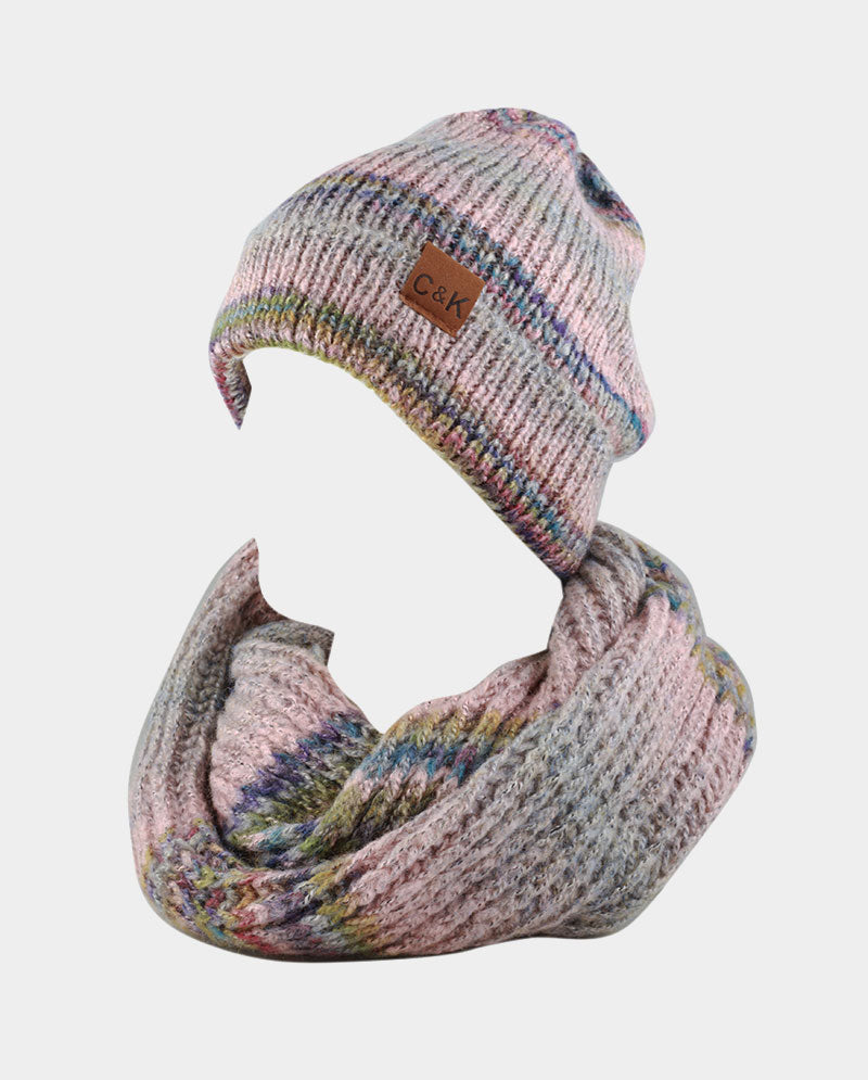Acrylic Knit Beanie & Scarf Set – 100% Acrylic, Triple-Stripe Knit Design