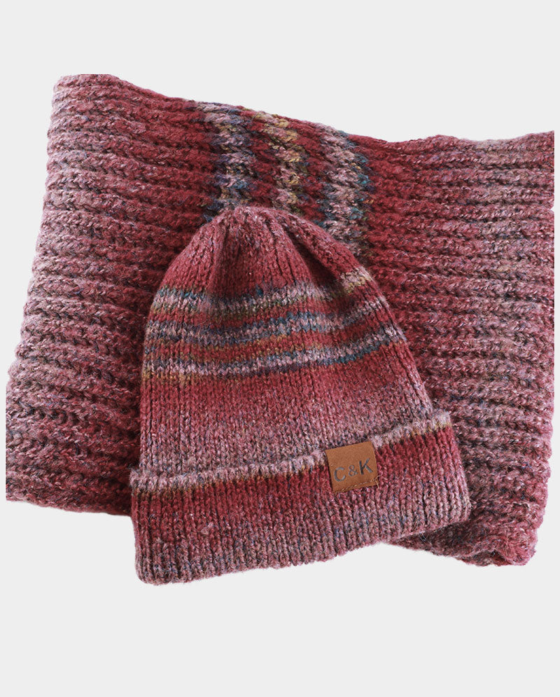 Acrylic Knit Beanie & Scarf Set – 100% Acrylic, Triple-Stripe Knit Design