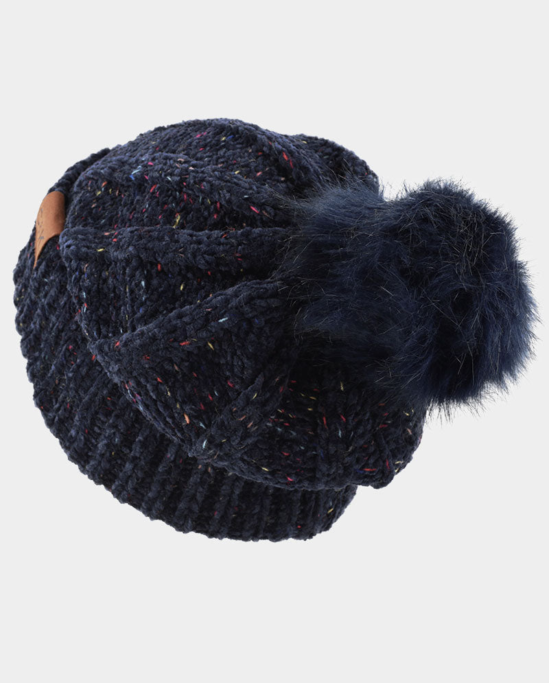 Chenille Knit Pom Beanie with Speckled Detail