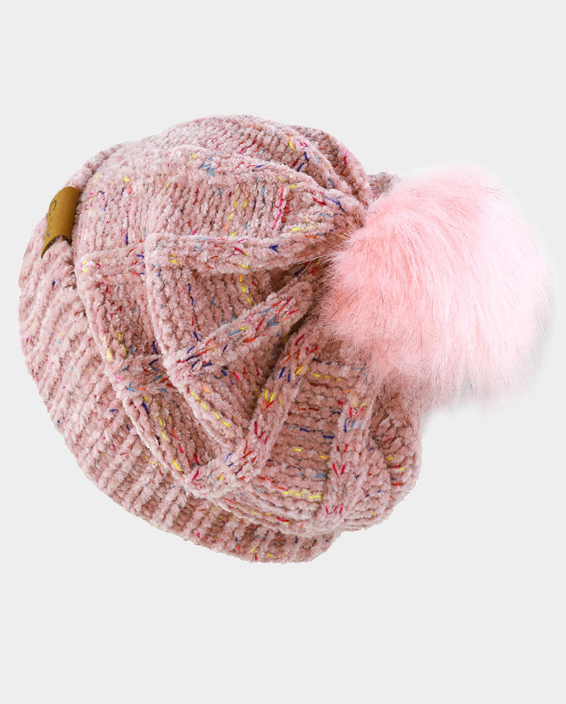 Chenille Knit Pom Beanie with Speckled Detail