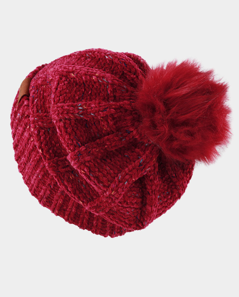 Chenille Knit Pom Beanie with Speckled Detail