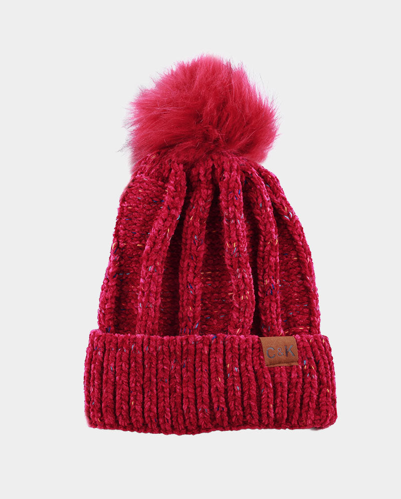 Chenille Knit Pom Beanie with Speckled Detail