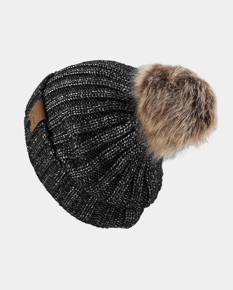 Faux Fur Pom Knit Beanie – Cozy Winter Cuffed Hat