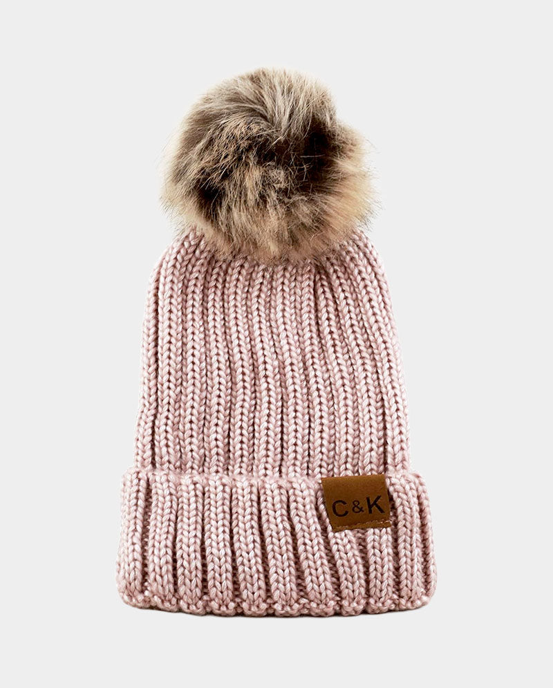 Faux Fur Pom Knit Beanie – Cozy Winter Cuffed Hat
