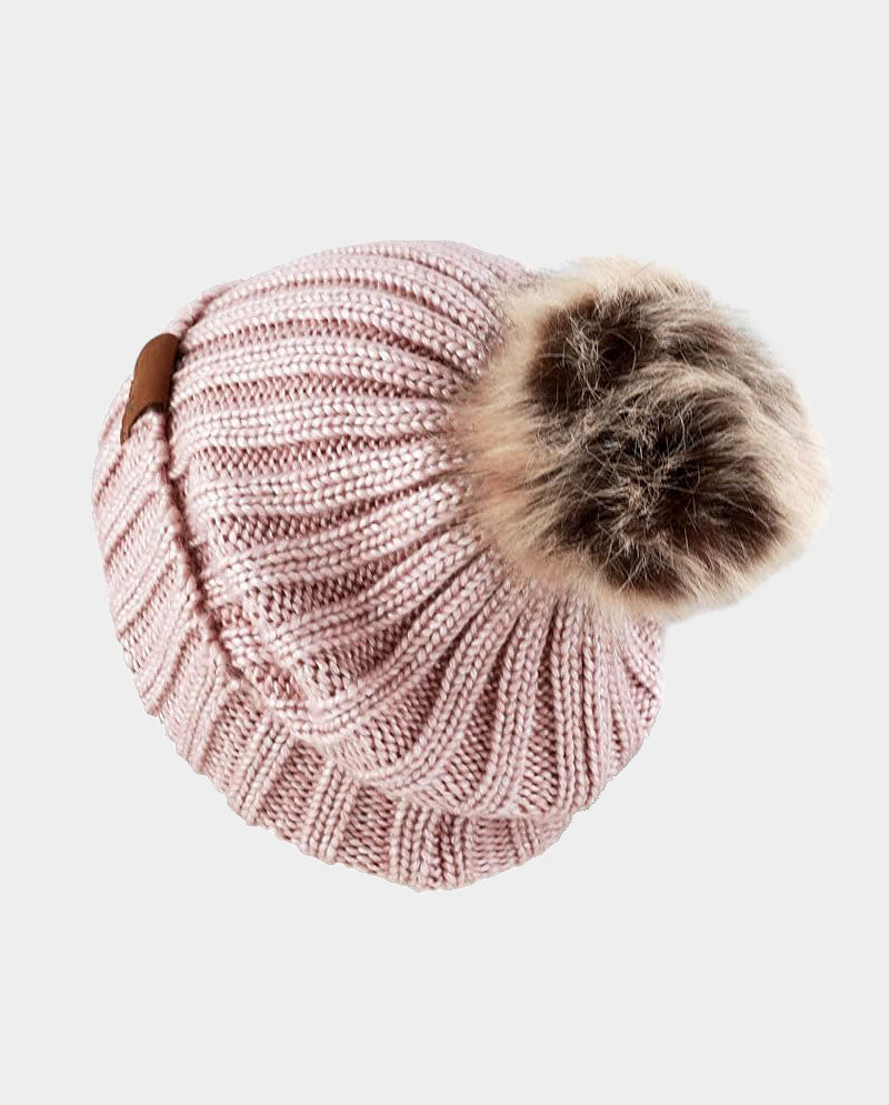 Faux Fur Pom Knit Beanie – Cozy Winter Cuffed Hat
