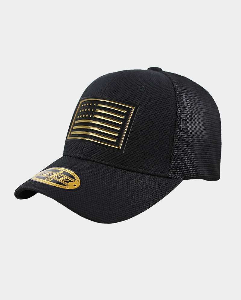 Mesh Trucker Cap – 100% Polyester with Raised Gold and Silver Flag Patch