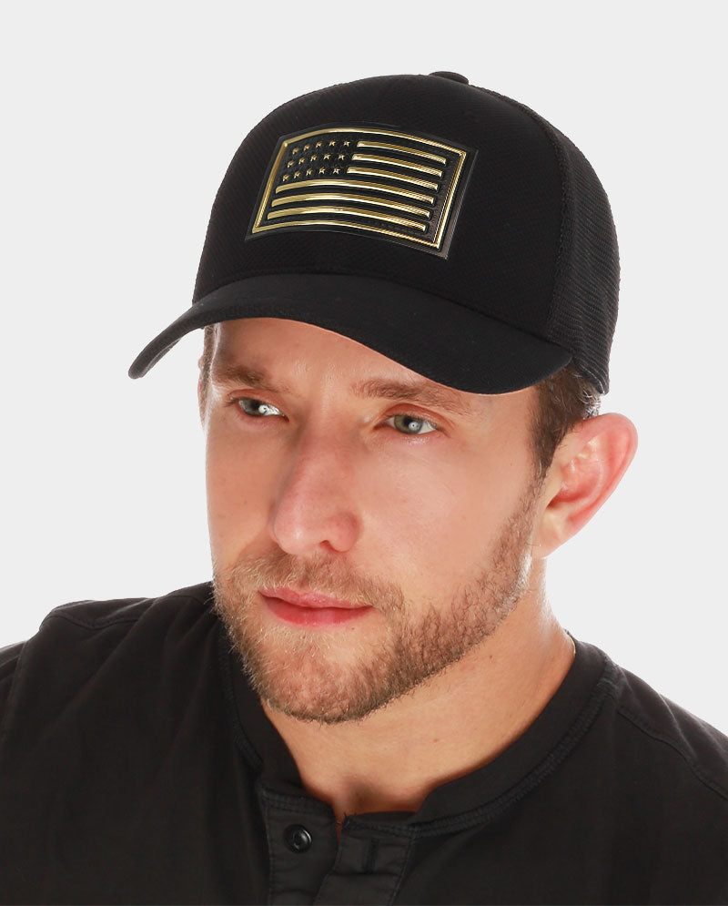 Mesh Trucker Cap – 100% Polyester with Raised Gold and Silver Flag Patch