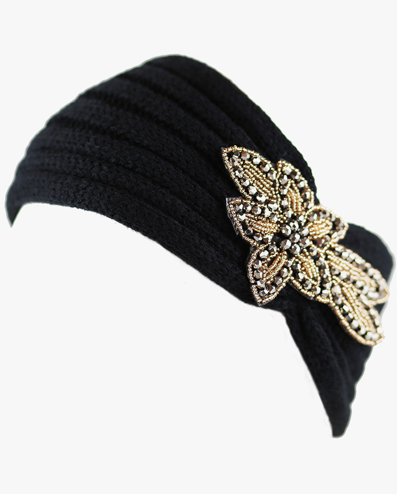 Women's Winter Knit Headband - Soft Ribbed Ear Warmer with Beaded Flower Detail, Stylish Cold Weather Hairband for Women