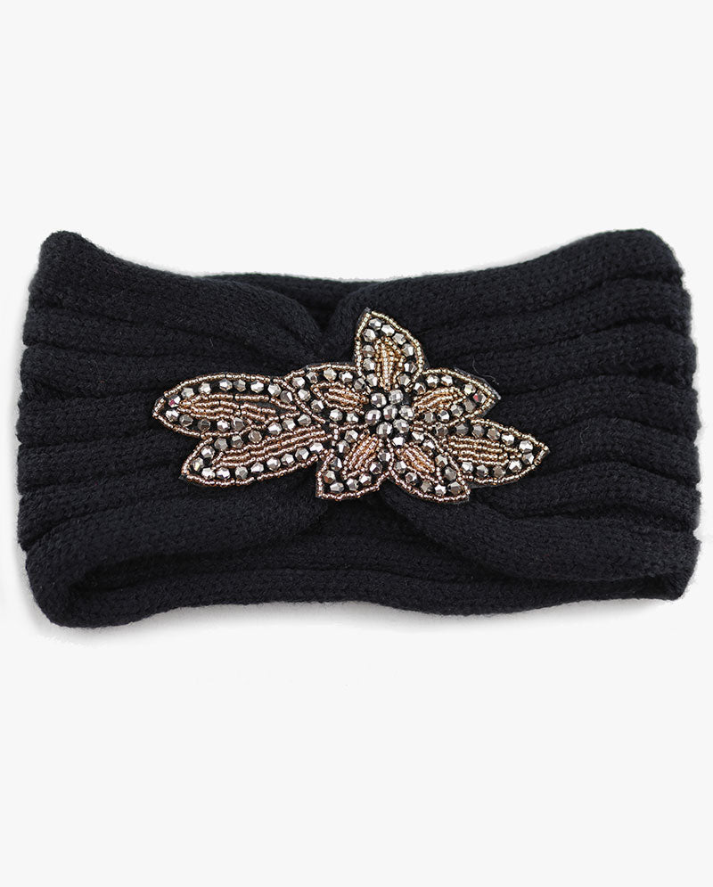 Women's Winter Knit Headband - Soft Ribbed Ear Warmer with Beaded Flower Detail, Stylish Cold Weather Hairband for Women