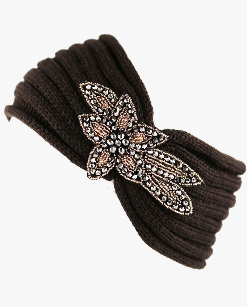 Women's Winter Knit Headband - Soft Ribbed Ear Warmer with Beaded Flower Detail, Stylish Cold Weather Hairband for Women