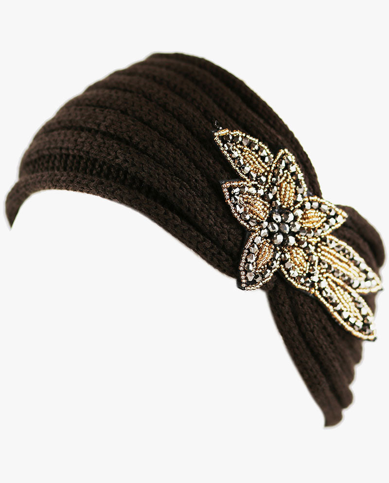 Women's Winter Knit Headband - Soft Ribbed Ear Warmer with Beaded Flower Detail, Stylish Cold Weather Hairband for Women