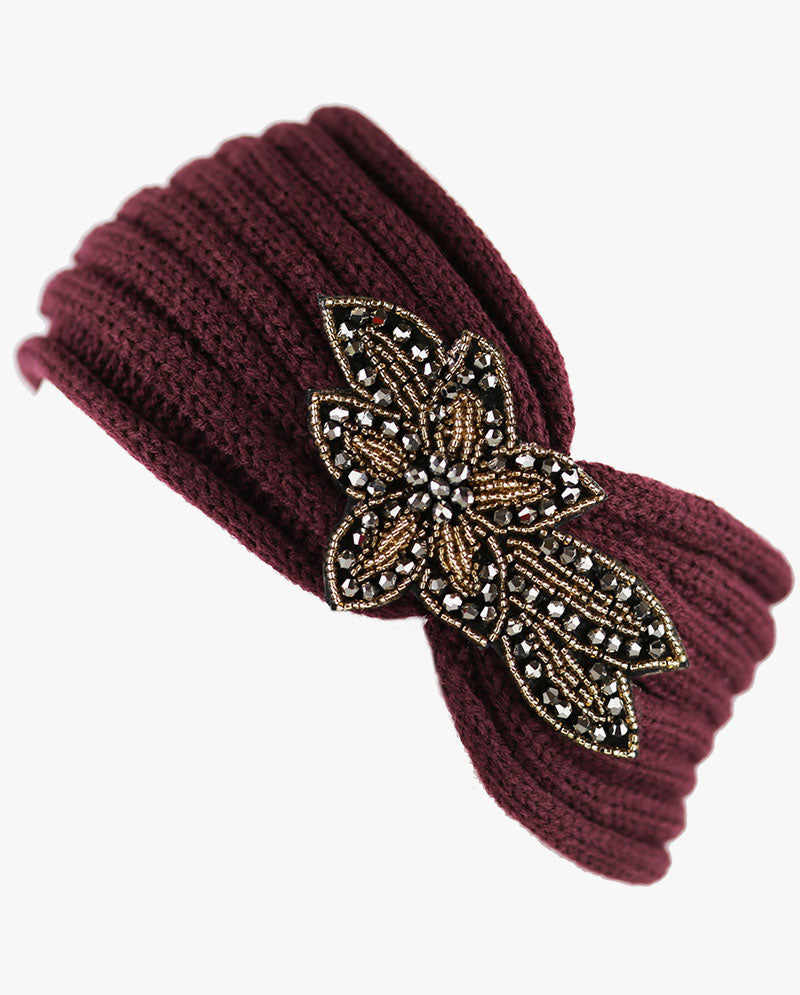 Women's Winter Knit Headband - Soft Ribbed Ear Warmer with Beaded Flower Detail, Stylish Cold Weather Hairband for Women