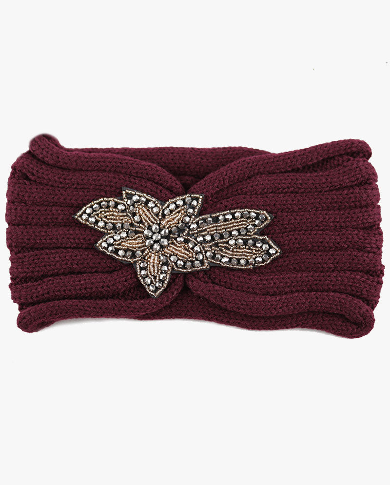 Women's Winter Knit Headband - Soft Ribbed Ear Warmer with Beaded Flower Detail, Stylish Cold Weather Hairband for Women