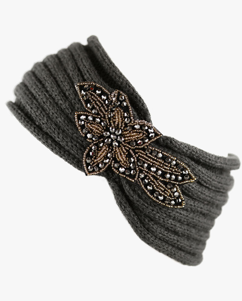 Women's Winter Knit Headband - Soft Ribbed Ear Warmer with Beaded Flower Detail, Stylish Cold Weather Hairband for Women