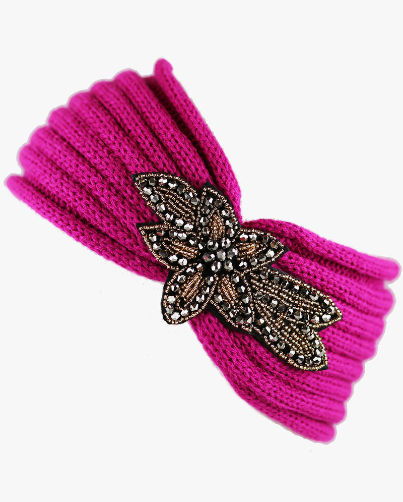 Women's Winter Knit Headband - Soft Ribbed Ear Warmer with Beaded Flower Detail, Stylish Cold Weather Hairband for Women