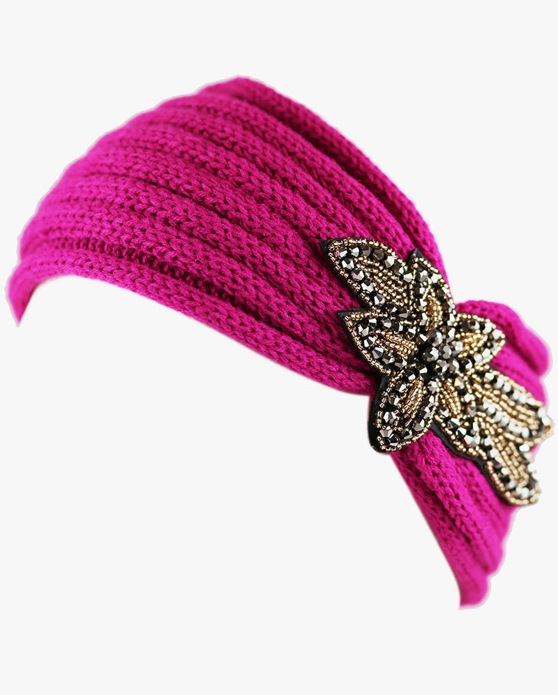 Women's Winter Knit Headband - Soft Ribbed Ear Warmer with Beaded Flower Detail, Stylish Cold Weather Hairband for Women