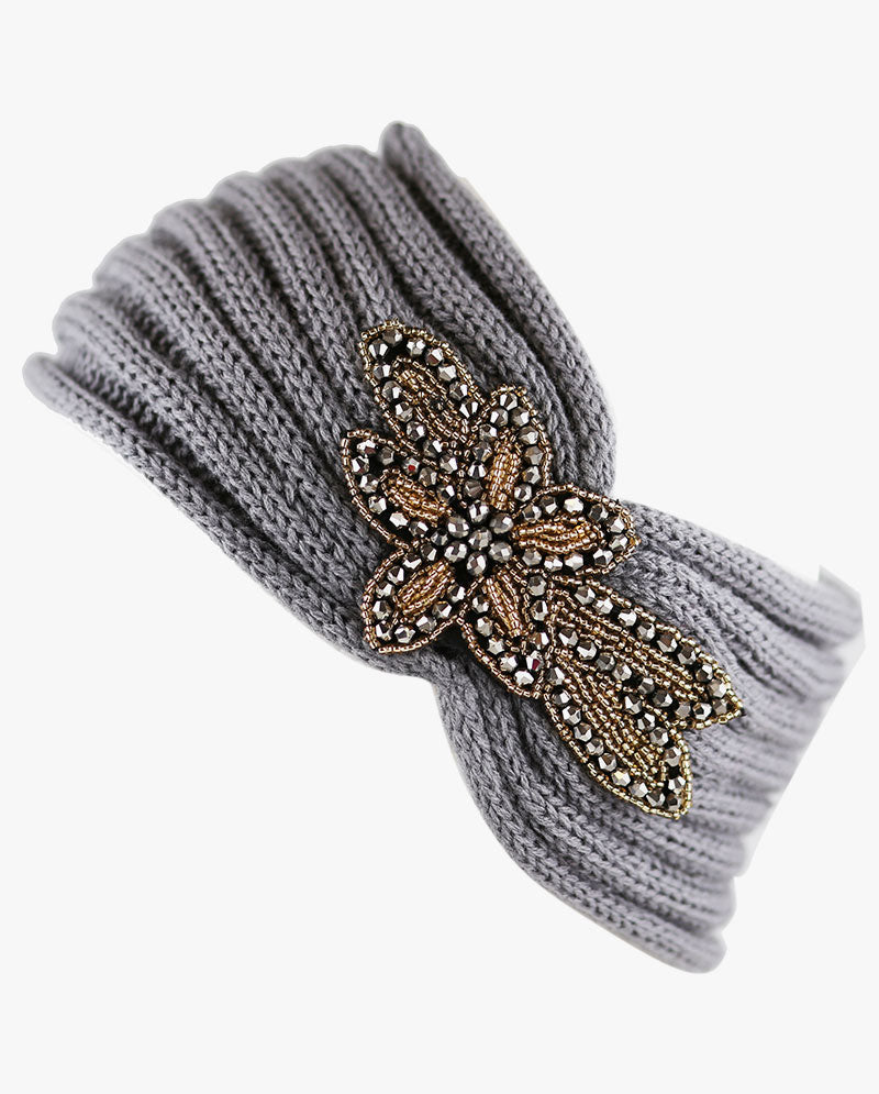 Women's Winter Knit Headband - Soft Ribbed Ear Warmer with Beaded Flower Detail, Stylish Cold Weather Hairband for Women