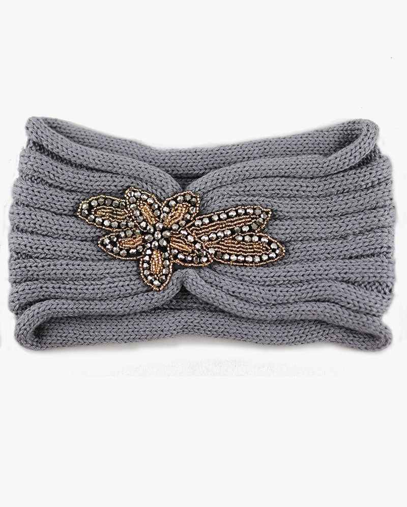 Women's Winter Knit Headband - Soft Ribbed Ear Warmer with Beaded Flower Detail, Stylish Cold Weather Hairband for Women