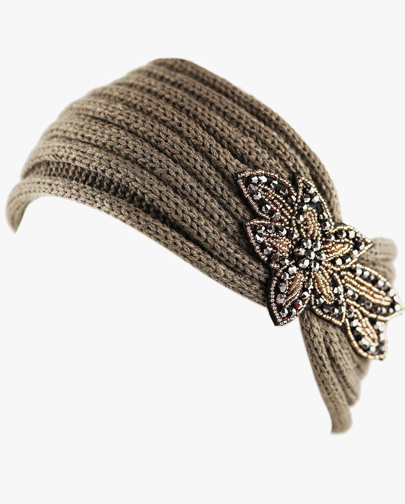 Women's Winter Knit Headband - Soft Ribbed Ear Warmer with Beaded Flower Detail, Stylish Cold Weather Hairband for Women