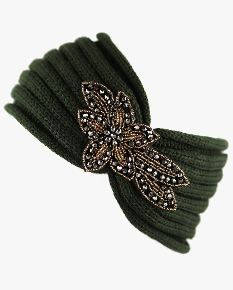 Women's Winter Knit Headband - Soft Ribbed Ear Warmer with Beaded Flower Detail, Stylish Cold Weather Hairband for Women