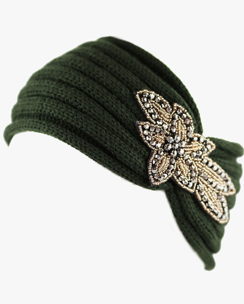 Women's Winter Knit Headband - Soft Ribbed Ear Warmer with Beaded Flower Detail, Stylish Cold Weather Hairband for Women