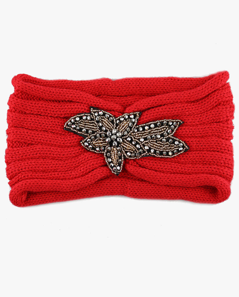 Women's Winter Knit Headband - Soft Ribbed Ear Warmer with Beaded Flower Detail, Stylish Cold Weather Hairband for Women