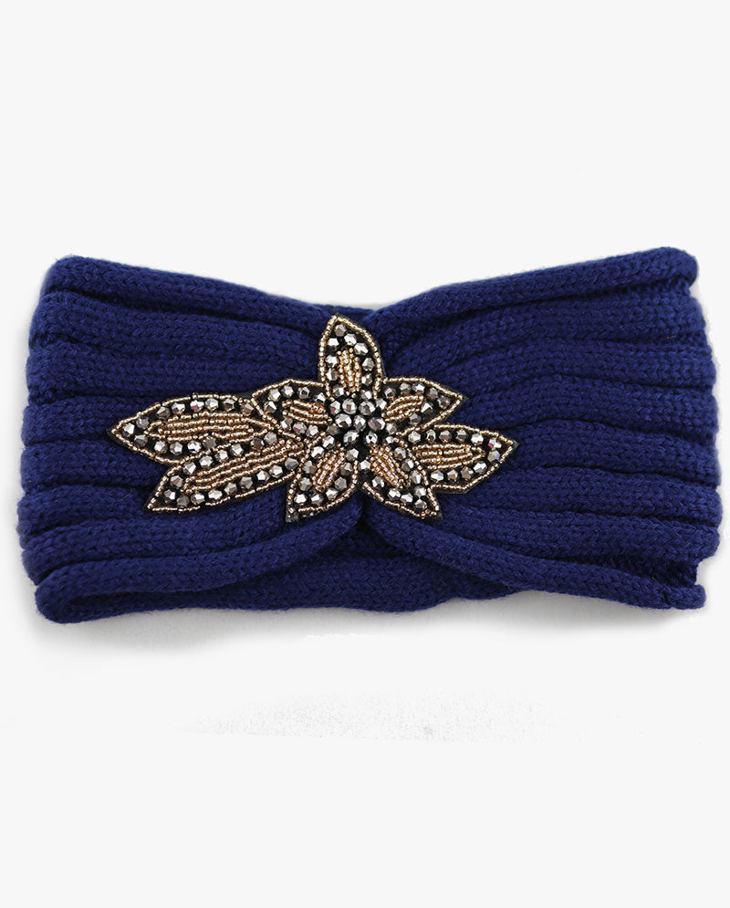 Women's Winter Knit Headband - Soft Ribbed Ear Warmer with Beaded Flower Detail, Stylish Cold Weather Hairband for Women