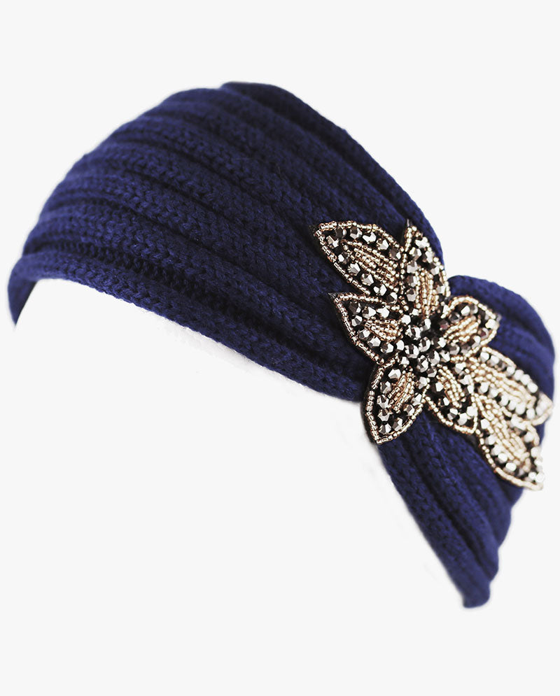 Women's Winter Knit Headband - Soft Ribbed Ear Warmer with Beaded Flower Detail, Stylish Cold Weather Hairband for Women