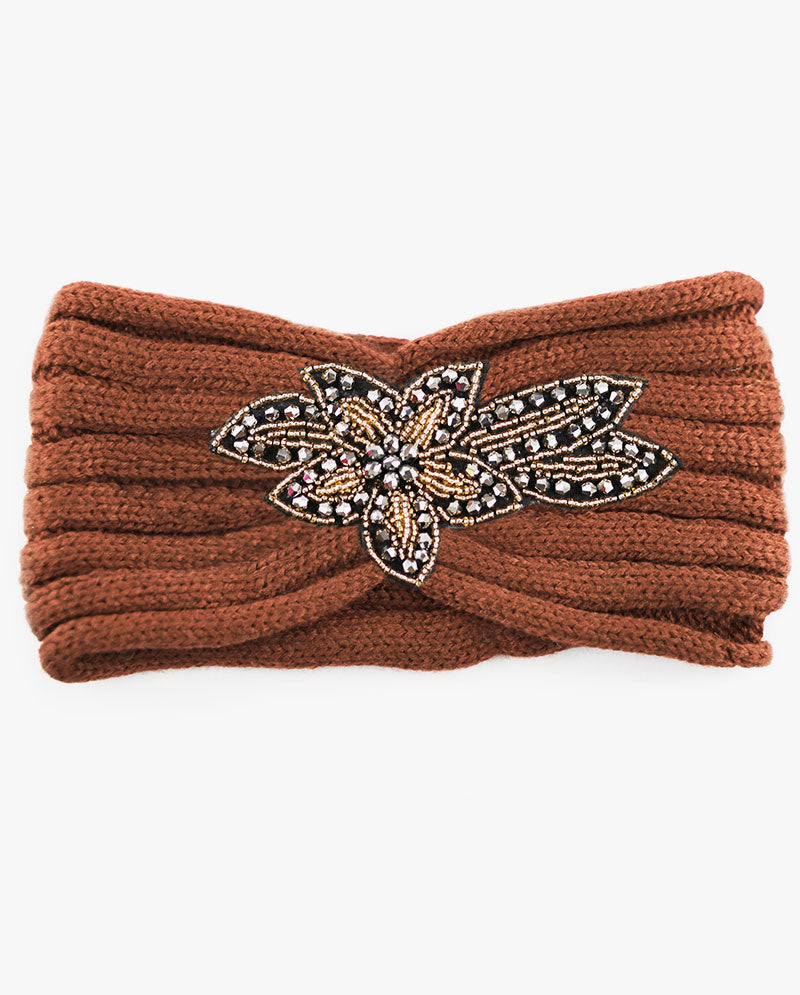 Women's Winter Knit Headband - Soft Ribbed Ear Warmer with Beaded Flower Detail, Stylish Cold Weather Hairband for Women