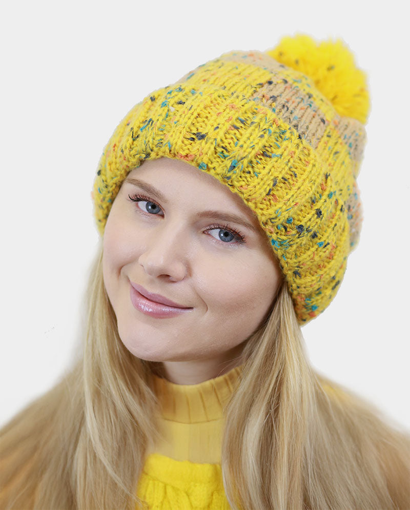 Multicolor Speckled Knit Beanie with Pom Pom
