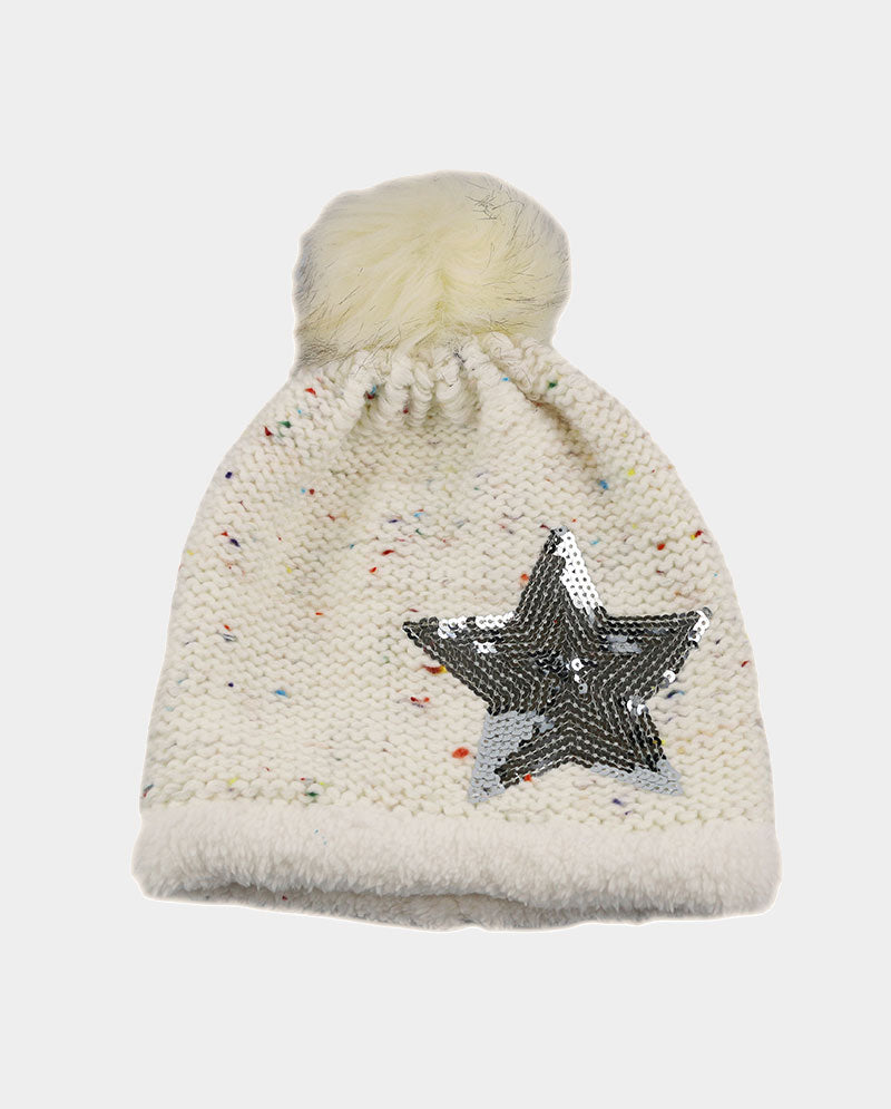 Acrylic Knit Pom Beanie – 100% Acrylic with Faux Fur Lining & Sequin Star Detail