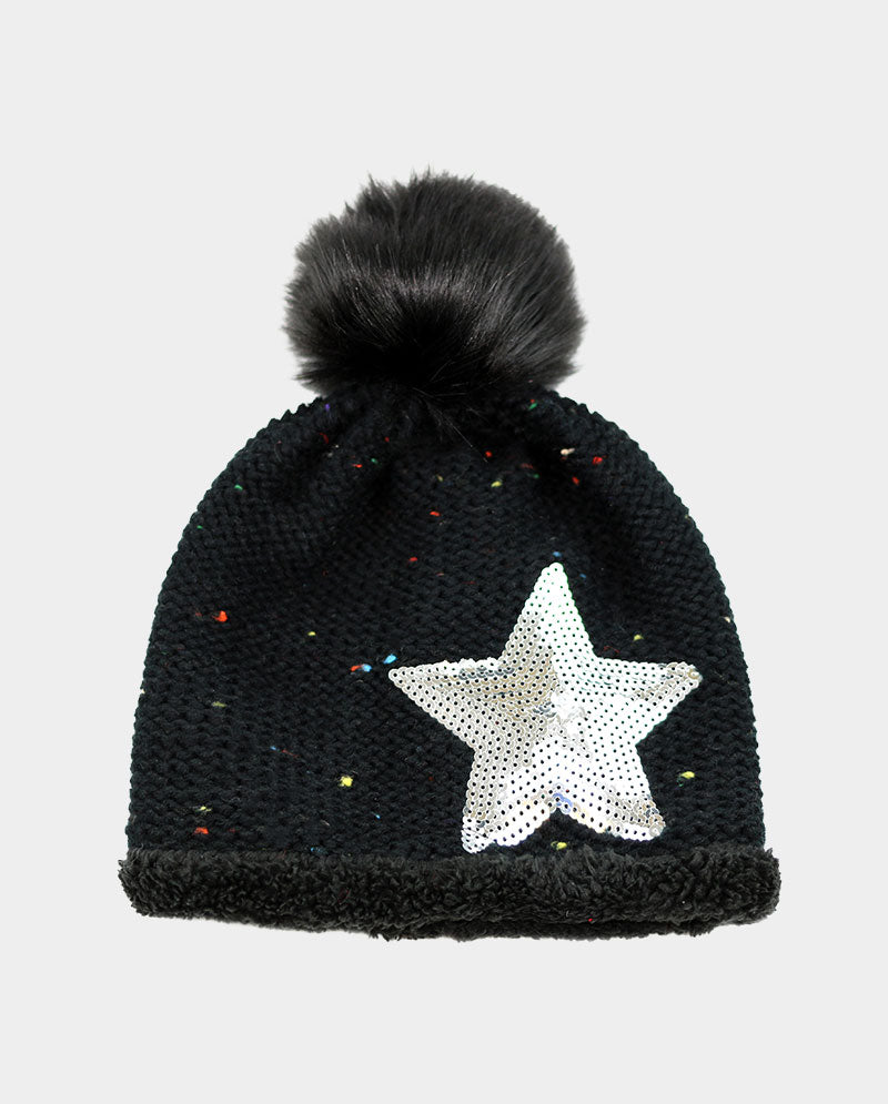 Acrylic Knit Pom Beanie – 100% Acrylic with Faux Fur Lining & Sequin Star Detail