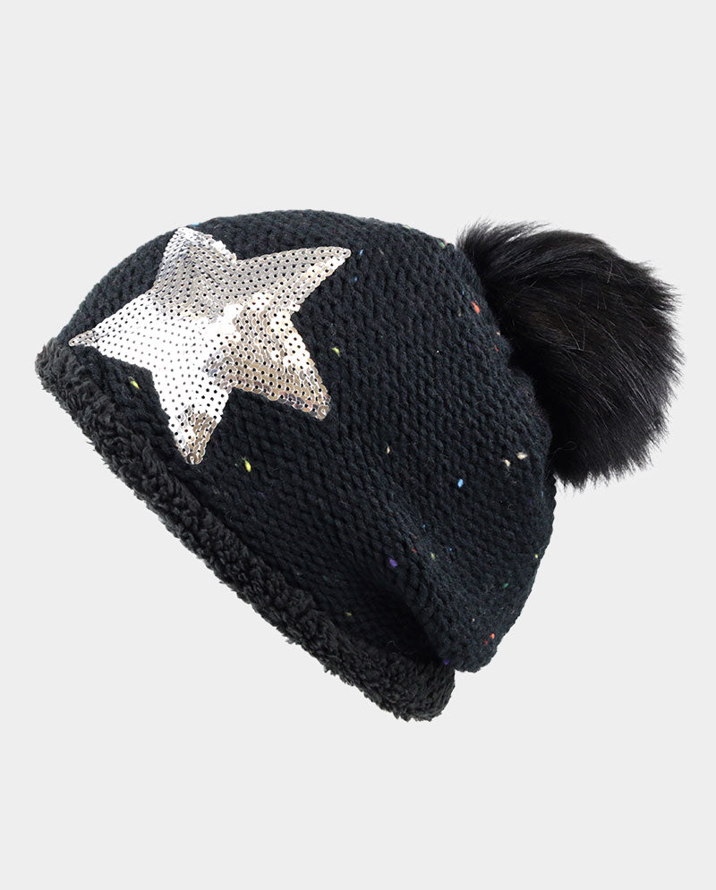 Acrylic Knit Pom Beanie – 100% Acrylic with Faux Fur Lining & Sequin Star Detail