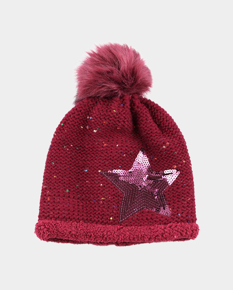 Acrylic Knit Pom Beanie – 100% Acrylic with Faux Fur Lining & Sequin Star Detail